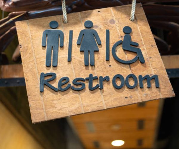 Ceiling wooden restroom or toilet direction sign with gentleman, lady and disability person icon. Sign and symbol object photo.