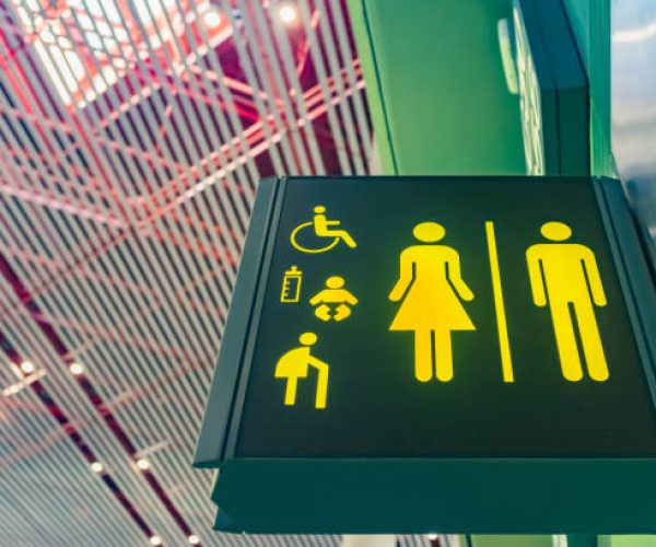 Airport toilet signs, male and female, disabled, baby room, elderly
